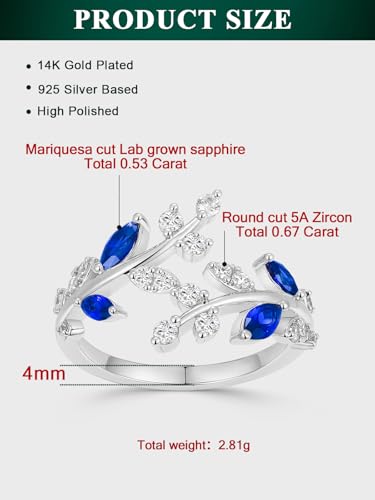 Silver Leaf Ring for Women 925 Sterling Silver Yellow Gold Plated CZ Inlaid Marquise Sapphire/Ruby/Emerald Cocktail Rings Size 6 to 10 - color: Sapphire - Silver