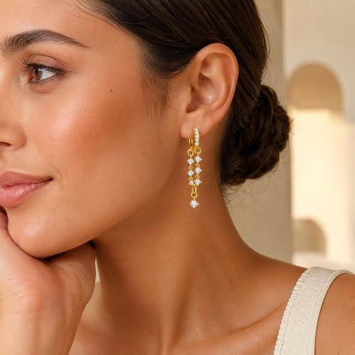 Gold Dangle Hoop Earrings for Women 14K Gold Plated Cubic Zirconia Small Huggie Drop Dangle Earrings Trendy CZ Bridal Wedding Jewelry