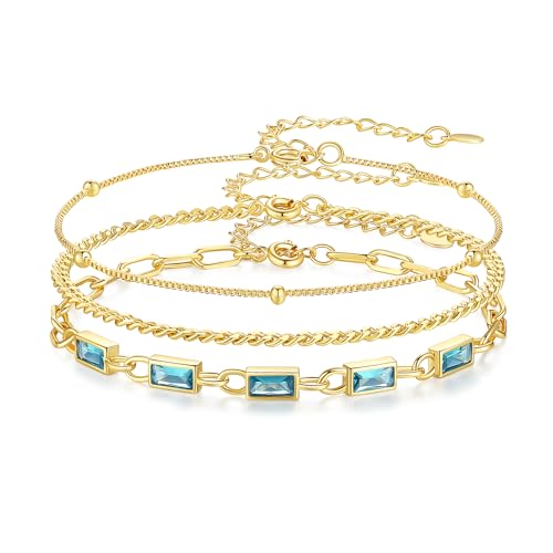 Gold Birthstone Bracelet for Women, 18K Gold Plated Layered Jewelry Bracelet Set, Womens Dainty Stackable Bracelets Link Paperclip Chain Valentines Day Gift for Wife Her - color: Gold-12-Dec.