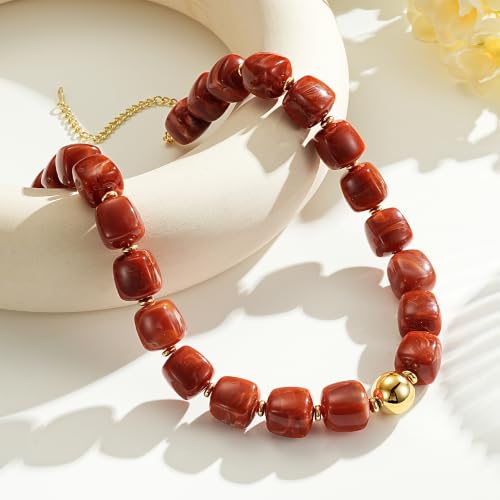 Ritach Chunky Beaded Necklaces for Women - Colorful Large Square Acrylic Beaded Necklace Boho Chunky Necklace Adjustable Statement Choker Necklace for Women Waterproof Summer Beach Jewelry Gifts - color: Red