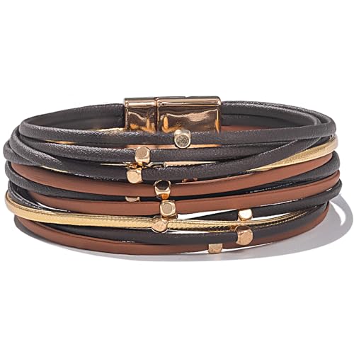 Stackable Beaded Leather Wrap Bracelet Boho Western Country Beach Jewelry | Layered Bead Stack Multi Strand Magnetic Clasp Cuff Bangle Bohemian Hippie Cowgirl Fashion Summer Vacation Outfits for Women - color: Brown