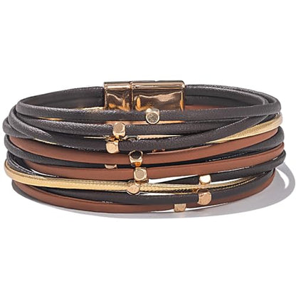 Stackable Beaded Leather Wrap Bracelet Boho Western Country Beach Jewelry | Layered Bead Stack Multi Strand Magnetic Clasp Cuff Bangle Bohemian Hippie Cowgirl Fashion Summer Vacation Outfits for Women - color: Brown