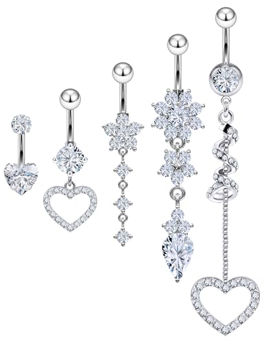 14G Dangle Belly Button Ring Piercing Jewelry 316L Stainless Surgical Steel Heart Flower CZ Reverse Navel Rings Dangling Belly Button Ring Piercing Jewelry for Women 14 Gauge Hypoallergenic - style: 5Pcs Silver