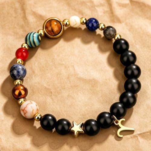 Solar System Planet Bead Zodiac Sign Stretch Bracelet for Men Women | Matte black beads with solar system planet stones, unisex design, perfect birthday holiday gift for men women - color: aries