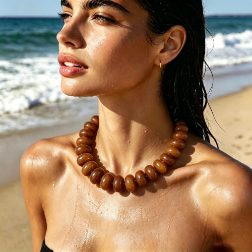CSIYANJRY99 Chunky Beaded Necklace for Women, Large Colorful Resin Beads Statement Necklace, Boho Summer Beach Vacation Jewelry Gifts - color: Brown