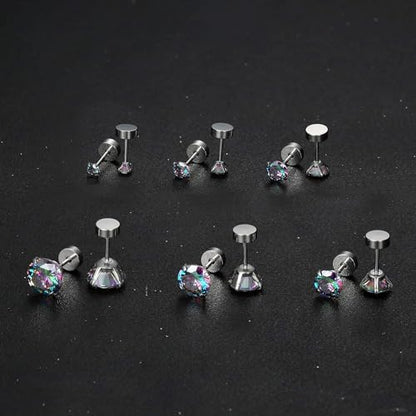 6 Pairs Surgical Steel Flat Back Earrings | CZ Stud Set | Hypoallergenic 316L Surgical Steel • Flat Back Threaded Studs for Cartilage, Helix & Lobe • 6 Mixed Sizes (3-8mm) - color: Flatback-Rainbow