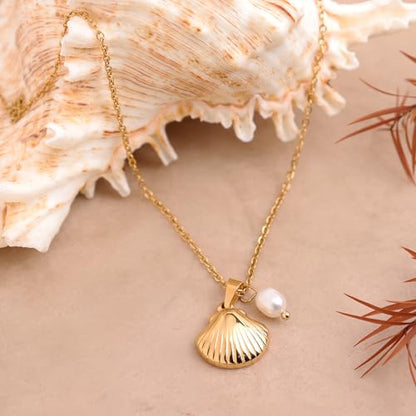 Jean Beau Dainty Pendant Necklaces for Women, Cute Chain Necklace Jewelry Gift - color: shell pearl