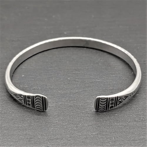 81stgeneration Karen Hill Tribe Silver Engraved Pattern Torque Bangle - Adjustable Boho Bracelet for Women and Men - Bohemian Style Jewelry - Heavy Cuff Design