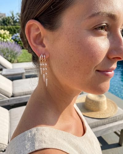 Gold Earrings for Women Trendy 14K Gold Plated Dangle Earrings Small Hoop Huggie Drop Stud Earrings Cubic Zirconia Simple Minimalist Dainty Chain Tassel Hypoallergenic Earrings - color: Tassel & Rose Gold