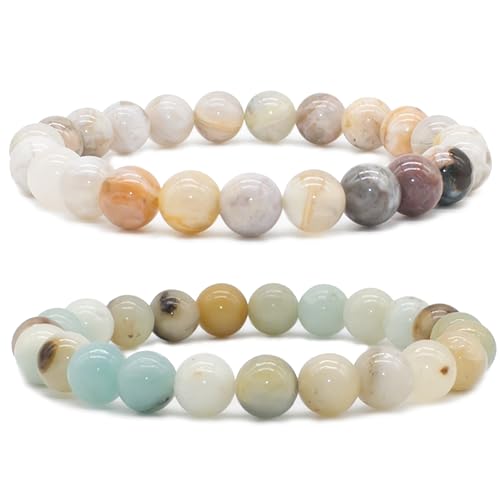 Bivei Natural Crystals Gemstone Healing Stretchy Round Beaded Bracelet | 8MM Semi Precious Beads Bracelet, Handmade Spiritual Jewelry Gift for Women Men,Enhance Positive Energy - color: 8mm Bamboo Leaf Agate & Amazonite (Good Luck), size: Small: 6.5-6.7 i