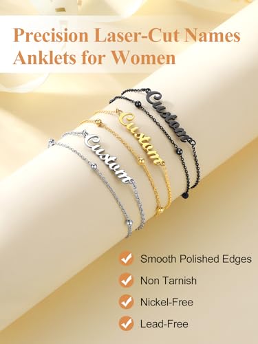 Custom4U Custom Name Anklet Bracelets for Women Waterproof Beaded/Figaro/Cuban/Rope/Wheat Chain Anklet Stackable Gold Plated Non Tarnish Custom Beach Gift Barefoot Summer Jewelry for Her - color: A01-Gold Beaded Chain