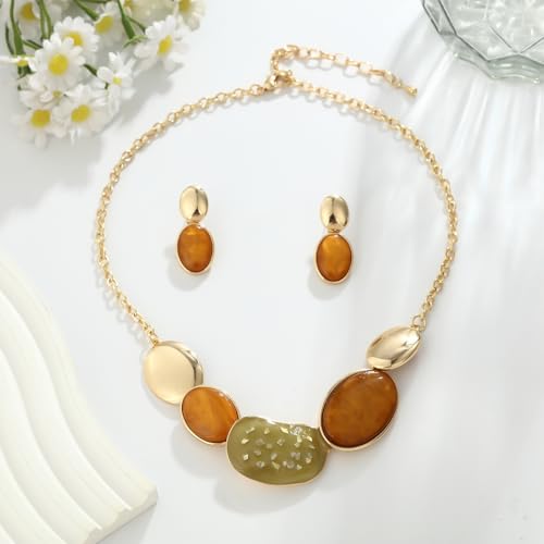 Vintage Statement Jewelry Set - Chunky Flower Floral Plant Geometric Resin Bib Necklace Earring Set Bohemian Boho Crystal Rhinestone Fashion Jewelry for Women Bridal Party Prom Unique Gift - style: MLJS2608-Yellow