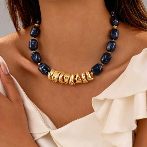 VIBILIA Boho Beaded Chunky Statement Necklace for Women Y2K Summer Jewelry | Boho Handmade Large Resin Bead Strand, Trendy Statement Summer Vacation Holiday Jewelry - color: Oval-Blue