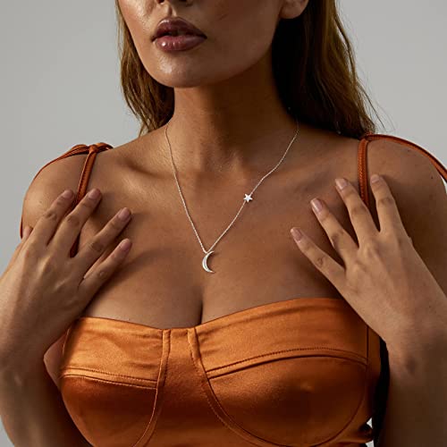 14k Gold/Silver Plated Crescent Moon Necklace Tiny Moon and Star NecklaceDainty Sun Leaf Necklace Gold Pendant Necklace for Women Delicate Minimalist Jewelry - color: Moon Star-Silver