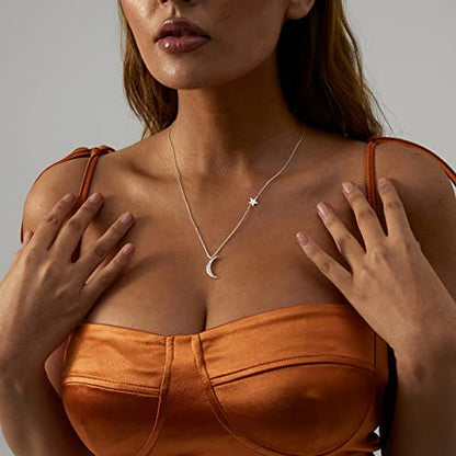 14k Gold/Silver Plated Crescent Moon Necklace Tiny Moon and Star NecklaceDainty Sun Leaf Necklace Gold Pendant Necklace for Women Delicate Minimalist Jewelry - color: Moon Star-Silver