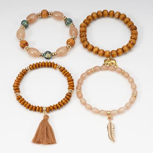 Boho Wooden Beads Bracelets Bohemian Bracelet Stack for Men Women Wood Beaded Bracelet Set - color: T