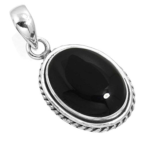 Chunky Natural Gemstone Pendant Necklace For Women Onyx, Turquoise, Amber, Garnet Oval Boho Genuine 925 Sterling Silver Handmade Jewelry - color: Black Onyx