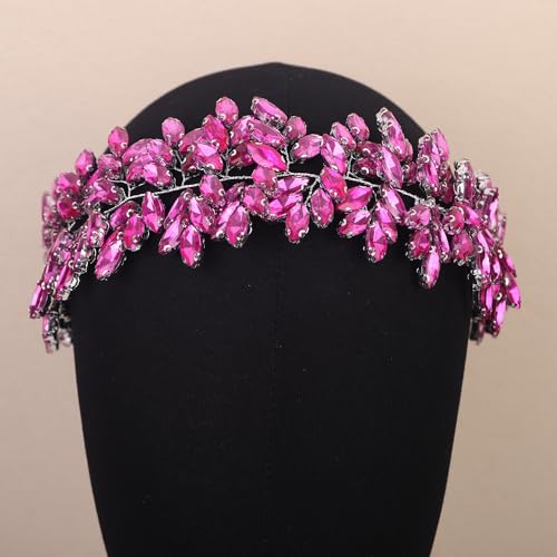 Missgrace Women Silver Green Black Red Blue Handmade Full Crystal Rhinestone Large Headband Hair Vine Shinny Headpiece Bridal Wedding Hair Accessories for Women (Rose Red) - color: Rose Red