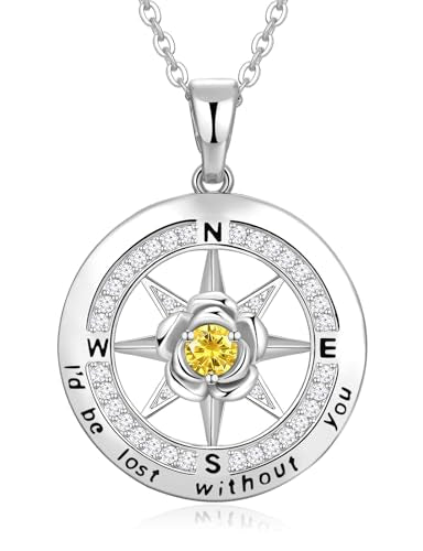 Meeshi Silver Compass Necklace for Women Birthday Gifts for Wife Anniversary Necklace for Women Rose Flower Birthstone Necklaces for Wife Jewelry for Womens Girlfriend Mom Daughter - style: 11-November-Citrine