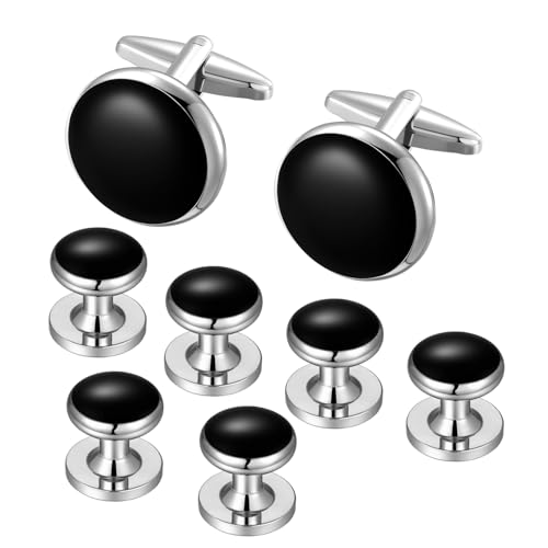 Mens Cufflinks and Tuxedo Shirt Studs Set with Gift Box - color: Silver/black