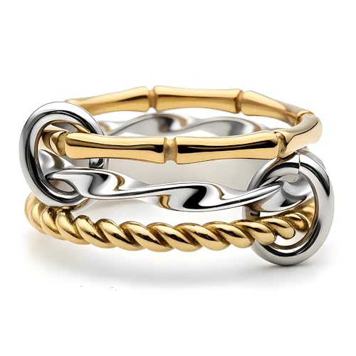 Stackable Rings for Women Non Tarnish Gold Silver Mixed Metal Wedding Band Set Gold Plated Stainless Steel with Cubic Zirconia Dainty Statement Thumb Ring Gift for Christmas Birthday Anniversary Jewelry - style: Gold Triple Band Ring