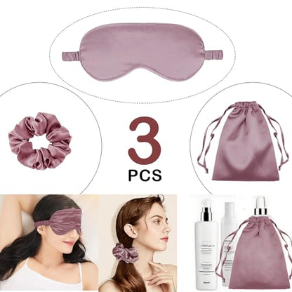 3Pcs Satin Eye Mask Silk Sleep Masks Set Silky Blindfold Eyeshade Blackout Eyes Cover Pouches Bag Scrunchy Wedding Gift - color: Taupe