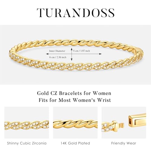 Turandoss Dainty Tennis Bangle Bracelets for Women Jewelry Gifts | 14K Gold Plated, Personalized Tennis Bracelets, Trendy Cubic Zirconia Bangle Bracelet, Jewelry Gifts for Mom Wife Sister - color: Half CZ Bangle - Twisted Tennis