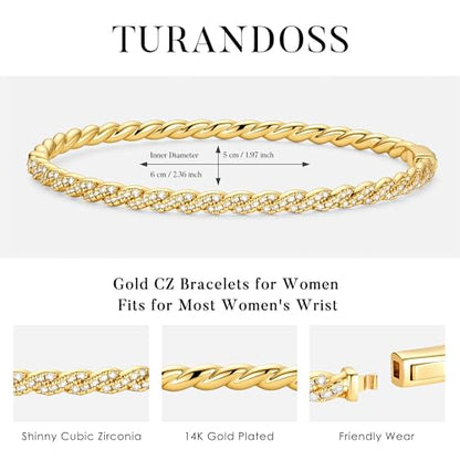 Turandoss Dainty Tennis Bangle Bracelets for Women Jewelry Gifts | 14K Gold Plated, Personalized Tennis Bracelets, Trendy Cubic Zirconia Bangle Bracelet, Jewelry Gifts for Mom Wife Sister - color: Half CZ Bangle - Twisted Tennis