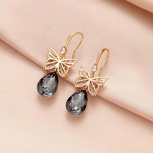 Austrian Crystal Teardrop Butterfly Drop Dangle Earrings for Women 14K Rose Gold Plated Hypoallergenic Jewelry - color: Grey-Black