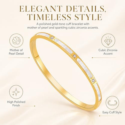 ZEZE++ Gold cuff bracelets for women - Mother of Pearl and Cubic Zirconia Bangle, High Polished Stainless Steel, Perfect for Wedding, Party, and Gift for Her - color: Gold