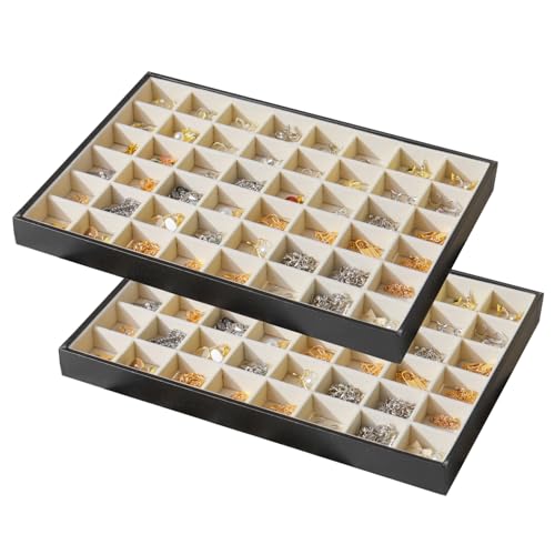 Large Jewelry Organizer Tray for Drawer Inserts 2 Pack | Stackable Jewelry Storage PU Leather Velvet Jewellery Display Case for Earring Bracelet Necklace (Black Beige, 48 Grids) - color: Black Beige, size: 48 Grids