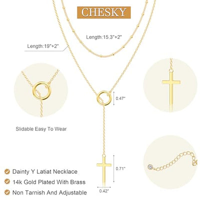CHESKY Lariat Necklace for Women，14k Gold/Sliver Plated Layered Necklace | Gold/Sliver Long Necklace，Dainty Cross Pendant, Wedding Y-Shaped Drop Chain, Waterproof Jewelry Gift for Women Everyday Wear - style: Cross