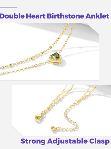 Richsteel Double Layer Heart/Butterfly Birthstone Anklet for Women | Non Tarnish Waterproof, Silver/Gold/Black Stainless Steel 8.5-10.5 Inch Adjustable Chain Anklets Summer Beach Foot Jewelry - color: Gold Heart-08 Aug.(Peridot)