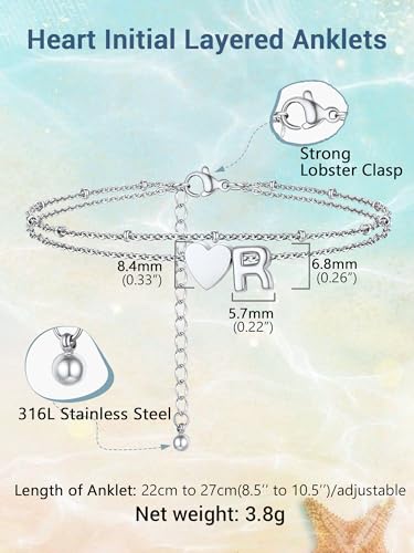 Initial Ankle Bracelets for Women, Dainty Stainless Steel Letter A-Z Layered Anklets, Heart Ankle Bracelet 8.5"-10.5" Adjustable, Summer Beach Jewelry, Come with Box - color: Silver, size: R