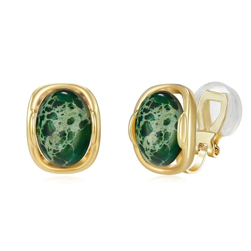 YOQUCOL Natural Stone Trendy Clip On Stud Earrings for Women Gold Plated Non Pierced Statement Earrings Fashion Jewelry - color: Oval-Emerald Green