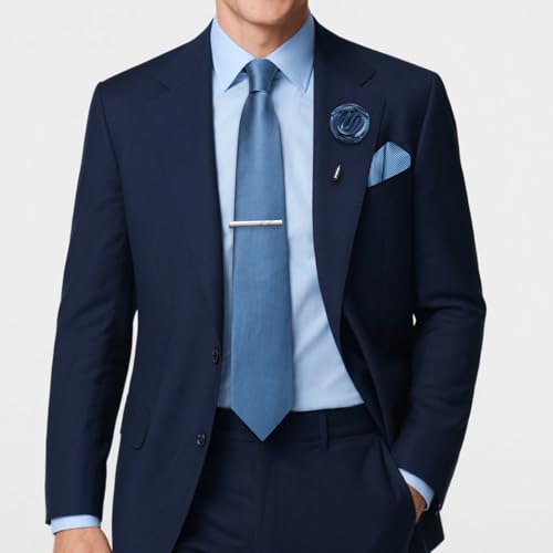 Solid Color Tie and Pocket Square with Tie Clip Lapel Pin Silk Formal Necktie Set Wedding Formal - color: Peacock Blue