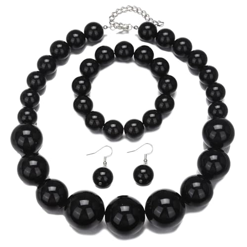 Colorful Round Beaded Earrings Neacklace Set Retro Imitation Pearls Beaded Bracelet Geometric Acrylic Beads Dangle Earrings 70s 80s Exaggerated Necklace Bracelet Jewelry - color: Black