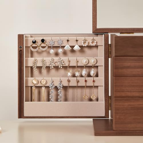 CHOSIN Black Walnut Wooden Jewelry Box for Women with Lock, Mirror, 4 Layer | Lockable wity Key, 3 Drawers, 2 Side Doors, Large Capacity for Necklaces, Earrings, Rings, Watches, Brooches, Women Gifts - size: 4 Layer - Full Lock