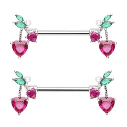 Pierced Owl 14GA Stainless Steel CZ Crystal Cherry Ends Nipple Barbells, Sold as a Pair - style: Silver Tone