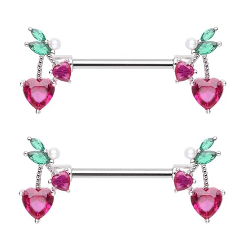 Pierced Owl 14GA Stainless Steel CZ Crystal Cherry Ends Nipple Barbells, Sold as a Pair - style: Silver Tone