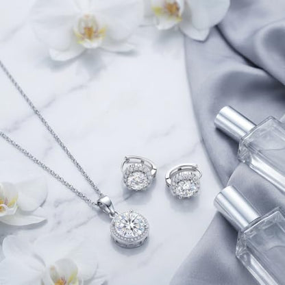 CZ Necklace and Stud Earrings Set for Women, 2PCS | Cubic Zirconia, Matching Jewelry Set, Dainty Sparkling, Daily Wear - color: 1CT+1CT Drop Back Stud