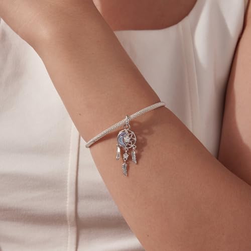 Celestial Bead Charms for Bracelets, Star Moon Dreamcatcher Dangle Charms, Silver Tone Copper, Glass Resin CZ Accents, Charm Beads for Women Jewelry Making, Gift Box Included - color: Moon Star Dreamcatcher Dangle Charm