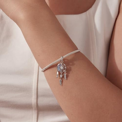 Celestial Bead Charms for Bracelets, Star Moon Dreamcatcher Dangle Charms, Silver Tone Copper, Glass Resin CZ Accents, Charm Beads for Women Jewelry Making, Gift Box Included - color: Moon Star Dreamcatcher Dangle Charm