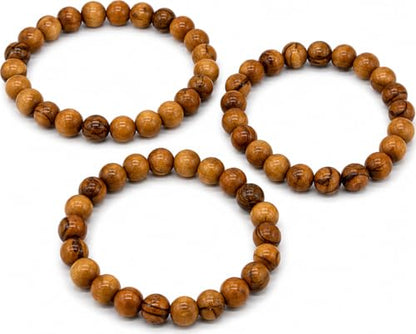 Olive Wood Bracelet Set of 3 from Bethlehem - Handmade 8mm Round Wood Bead Stretch Bracelets, Wooden Jewelry Gift Pack, Boho Beaded Bracelet Trio, Natural Wood Mala Bracelet Set