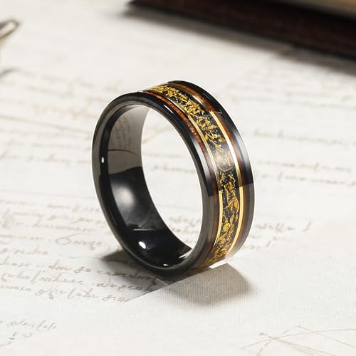King Will Wood Wedding Band Wood Inlay for Men - color: Black & Gold-8mm
