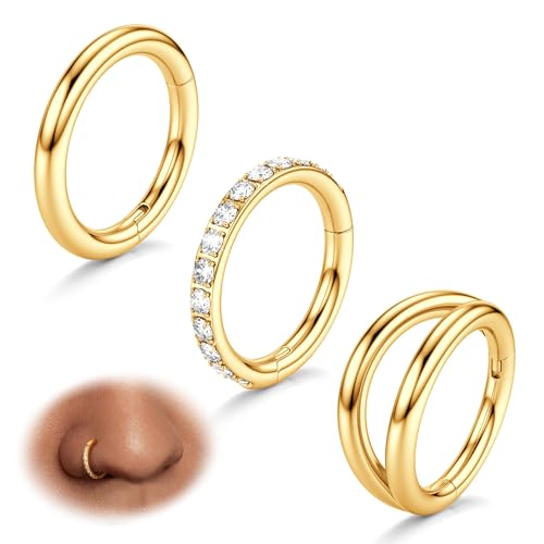 BodyBonita 3pcs Nose Rings Hoops - Double Hoop Nose Ring 14/16/18/20G Hinged CZ Piercing Jewelry Septum Clicker Rings Cartilage Earring Helix Rook Tragus Daith 7mm/8mm/9mm/10mm - color: 14K Gold Plated, size: 14 gauge(1.6mm)-9mm