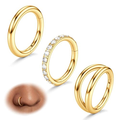 BodyBonita 3pcs Nose Rings Hoops - Double Hoop Nose Ring 14/16/18/20G Hinged CZ Piercing Jewelry Septum Clicker Rings Cartilage Earring Helix Rook Tragus Daith 7mm/8mm/9mm/10mm - color: 14K Gold Plated, size: 14 gauge(1.6mm)-9mm
