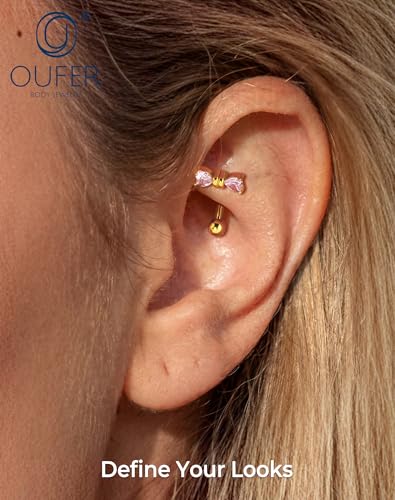 OUFER 16G Rook Earring Piercing Jewelry-316L Surgical Steel Pink Clear CZ Bow Eyebrow Rings, 6/8MM Curved Barbell Vertical Labret Lip Piercing Jewelry - color: Gold-PK