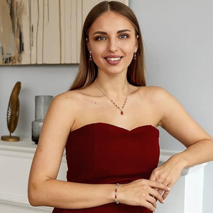 Teardrop Marquise Cubic Zirconia Wedding Prom Jewelry Set for Women Bridal | Silver/Gold/Rose Gold Plated, Pear Cut Pendant Necklace Drop Earrings Link Bracelet, for Bride Bridesmaid, for Banquet Party - style: B_Three Set, Red Silver-Tone (Teardrop)