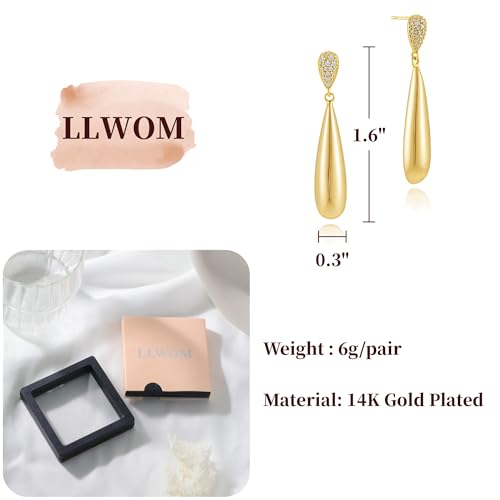 LLWOM Earrings for Women - 14K Gold Plated CZ Teardrop Dangle Earrings | Dangling Earrings for Women Trendy, Hypoallergenic Jewelry Gift for Wedding/Party/Prom/Daily, Elegant Drop Earring Stud - color: Gold CZ Teardrop